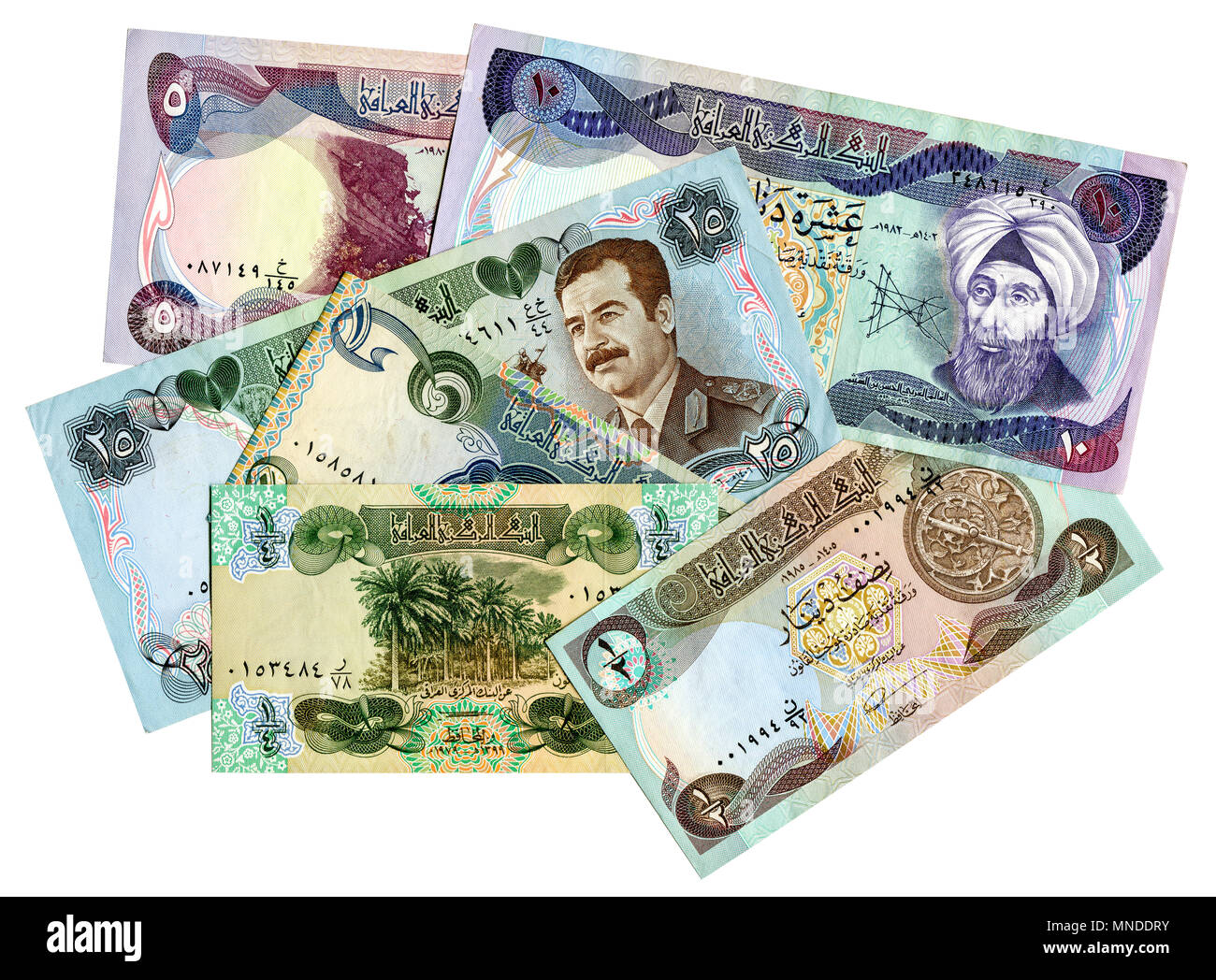 Vecchie banconote diverse dell'Iraq isolato su sfondo bianco Foto Stock
