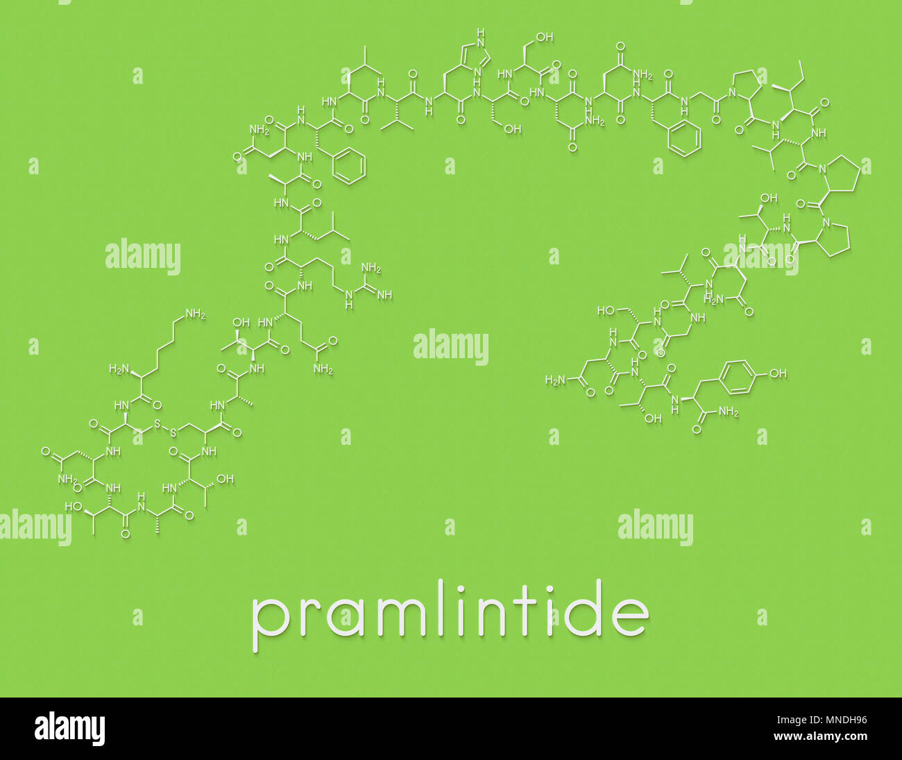 Diabete Pramlintide molecola di farmaco. Analogo di amilina o isolotto polipeptide amiloide (IAPP). Formula di scheletro. Foto Stock