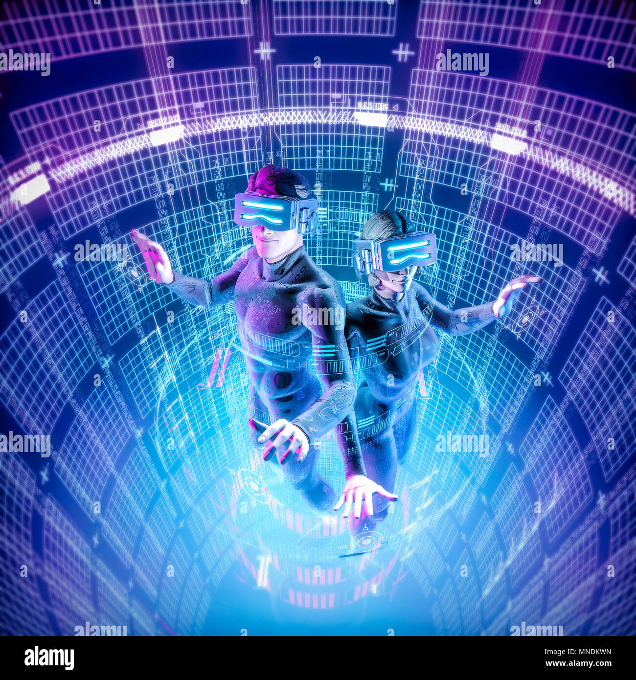 La realtà virtuale datasphere teamwork / 3D illustrazione del maschio e figure femminili in marcia virtuale lavorando insieme in incandescente cyber ambiente Foto Stock