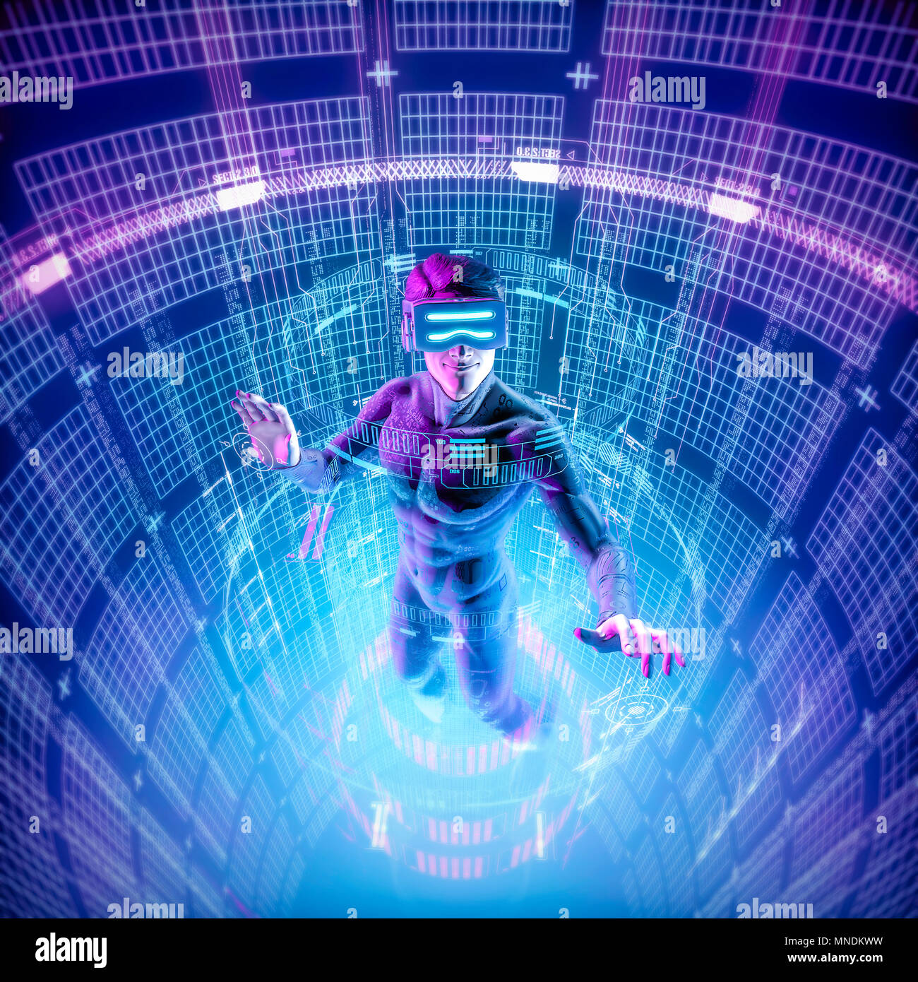 La realtà virtuale datasphere utente maschio / 3D illustrazione della figura maschile in marcia virtuale lavora in incandescente cyber ambiente Foto Stock