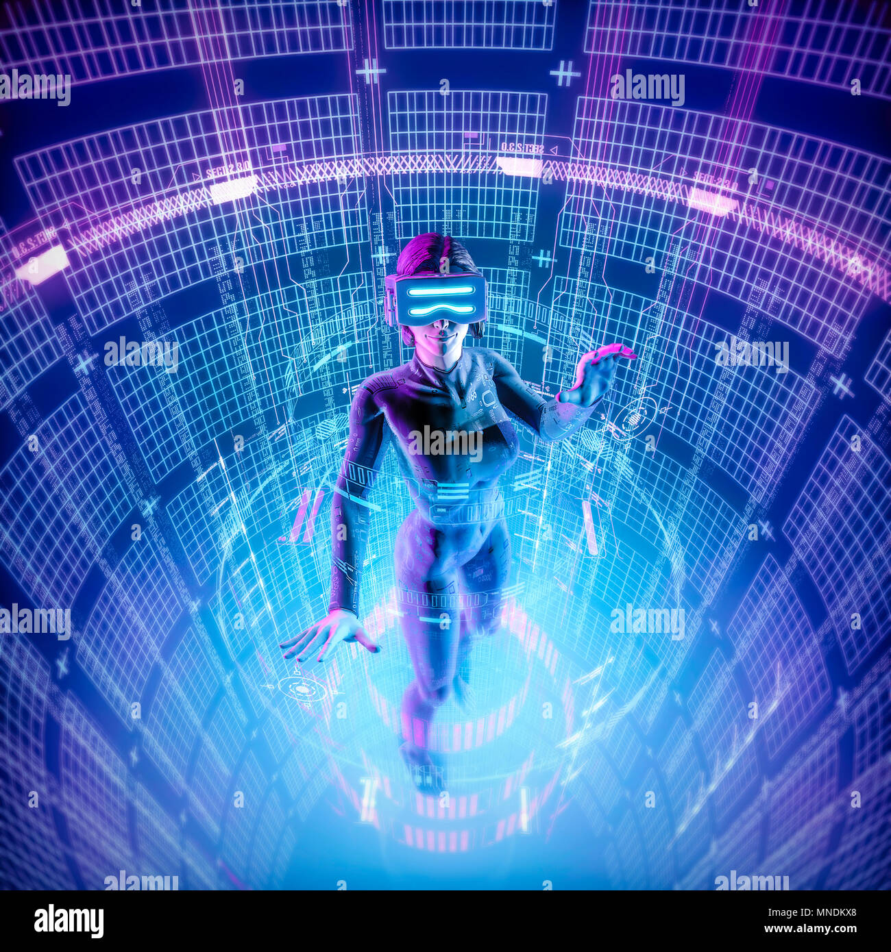 La realtà virtuale datasphere utente femmina / 3D illustrazione della figura femminile in marcia virtuale lavora in incandescente cyber ambiente Foto Stock
