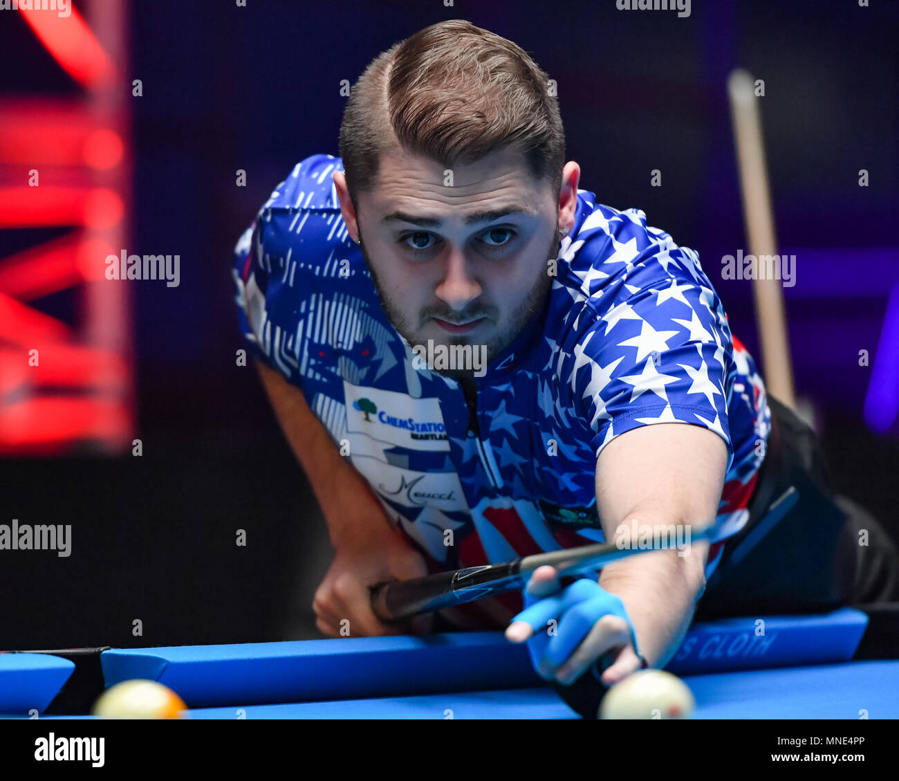 Shanghai, Cina. 16 Maggio, 2018. Stati Uniti d'America's Skyler Woodward durante la Coppa del Mondo di piscina 2018: Round 1 - USA vs Singapore in corrispondenza Luwan (palestra) Arena Mercoledì, 16 maggio 2018. SHANGHAI, Cina. Credito: Taka G Wu Credito: Taka Wu/Alamy Live News Foto Stock