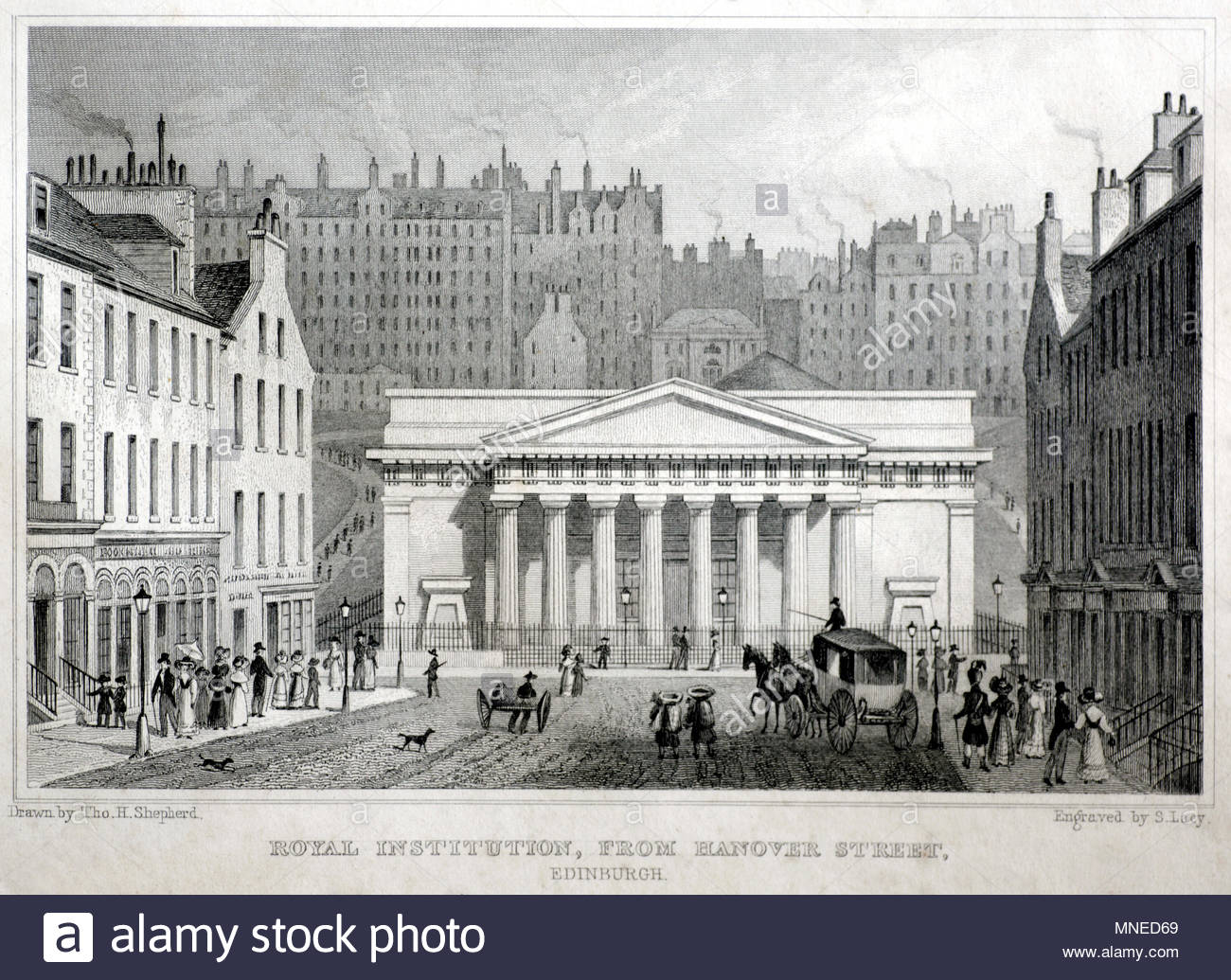 Royal Institution, da Hanover Street, Edimburgo, antica incisione da 1829 Foto Stock