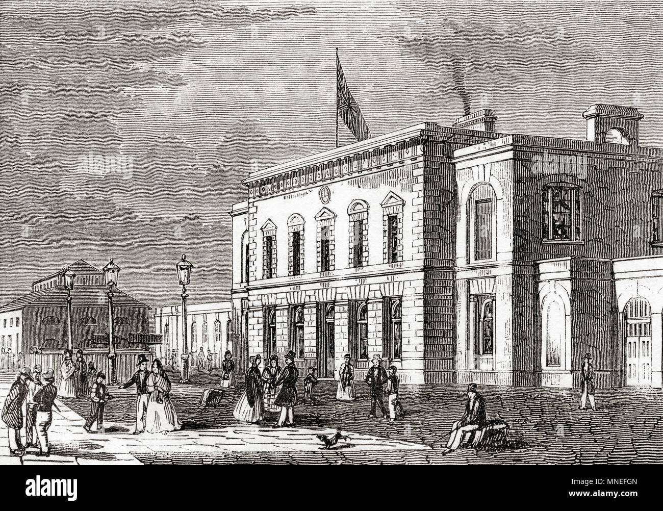 Blackwall stazione ferroviaria, East India Docks, Blackwall, Londra, Inghilterra del XIX secolo. Da Vecchia Inghilterra: un museo pittorico, pubblicato nel 1847. Foto Stock