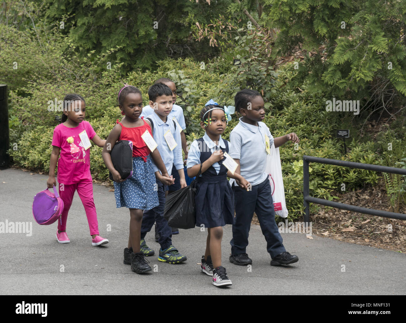 Giovane africana i bambini delle scuole americane a piedi prendendo in le naturali bellezze al Brooklyn Botanic Garden durante una gita a Brooklyn, New York. Foto Stock