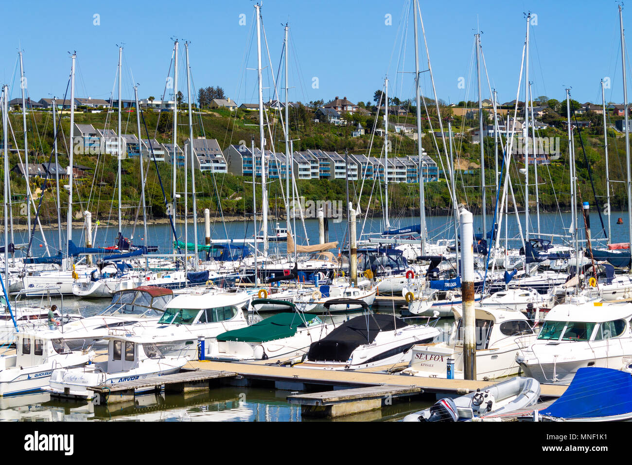 Pontoon con yacht e barche ormeggiate con case vivacemente colorate sul lato della collina in background a Kinsale Irlanda yacht club Foto Stock