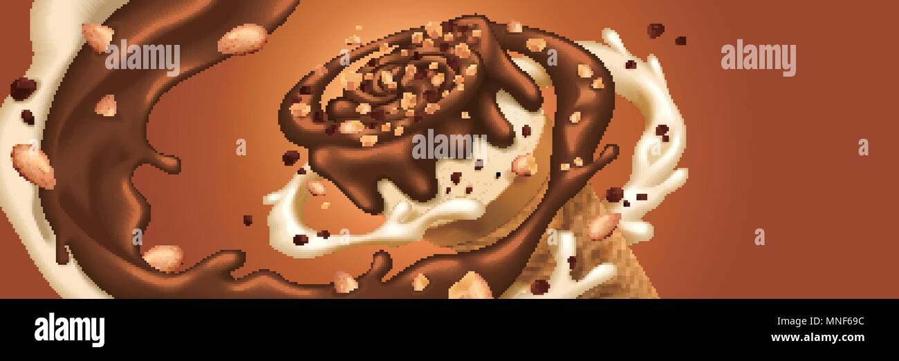 Gelato al cioccolato a forma di cono con salsa di noci e turbinano intorno esso, 3d illustrazione Illustrazione Vettoriale
