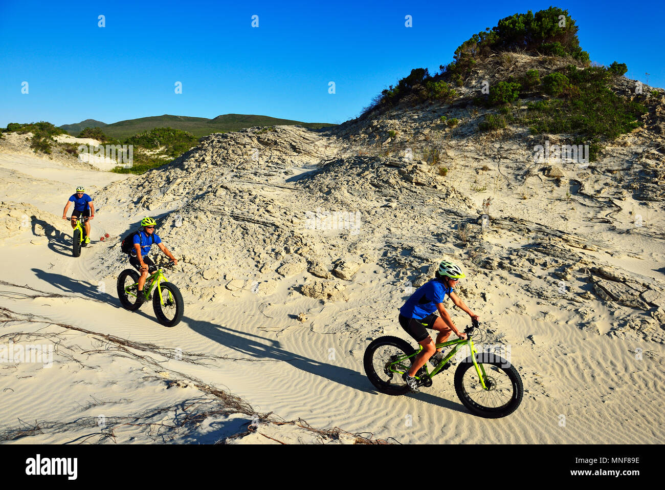 Mountain bike sulla moto di grasso attraverso le dune, ciclismo, riserva, De Kelders, Gansbaai, Western Cape, Sud Africa Foto Stock