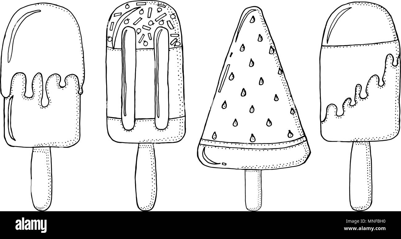 Dolce realistico gelato alla crema con caramello e cono di cialda, cioccolato e lecca lecca e fragola, gelatine di frutta e di anguria. Colori per le vacanze in stile moderno. Incisi disegnati a mano schizzo vintage. Illustrazione Vettoriale
