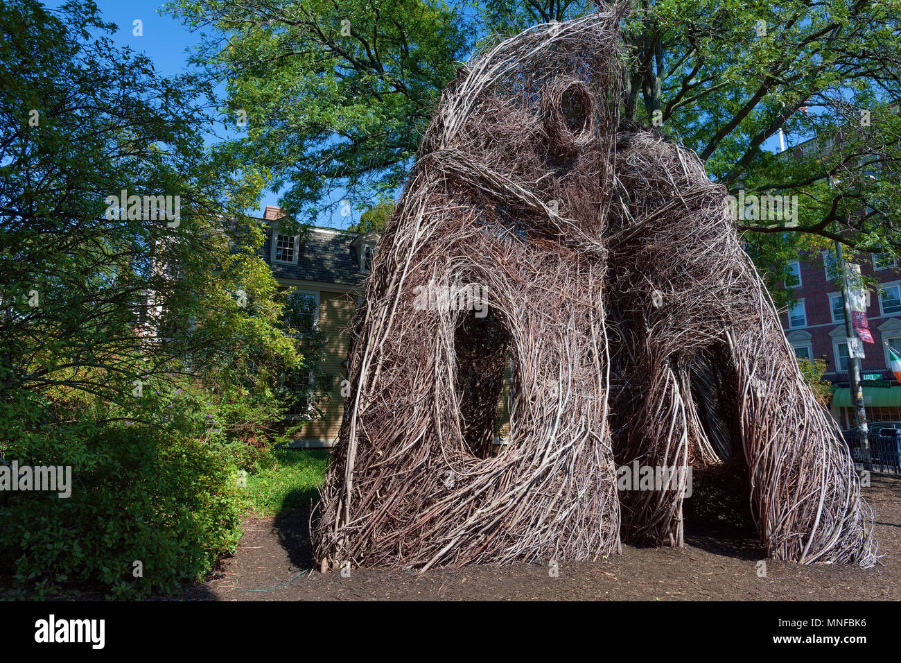 Salem, Massachusetts, STATI UNITI D'America - 14 Settembre 2016: la PEM, Peabody Essex Museum, commissionato North Carolina scultura Patrick Dougherty che con l'hôtel Foto Stock
