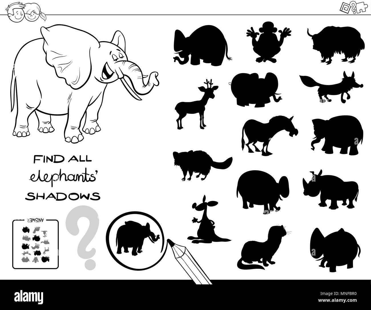 Bianco e Nero Cartoon illustrazione di trovare tutte le ombre di elefante attività educative per i bambini Libro da colorare Illustrazione Vettoriale