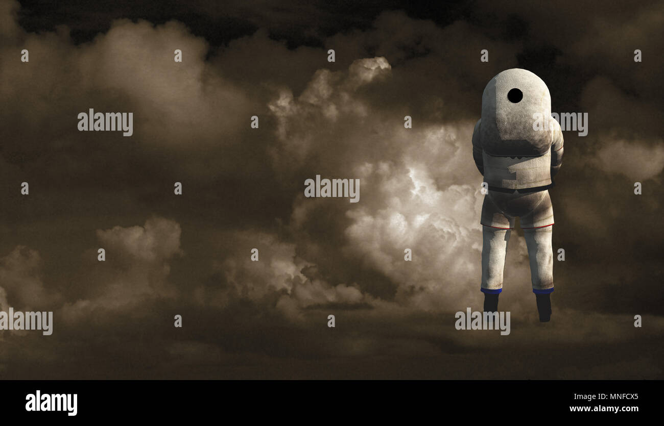 Il surrealismo. Astronauta sorge in nubi. Foto Stock