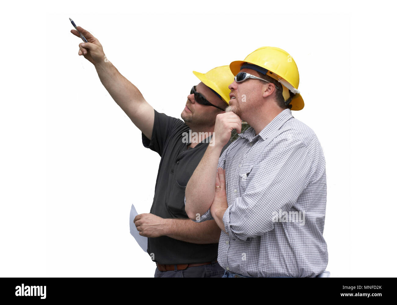 Costruzione ingegnere e foreman stagliano su sfondo bianco Foto Stock