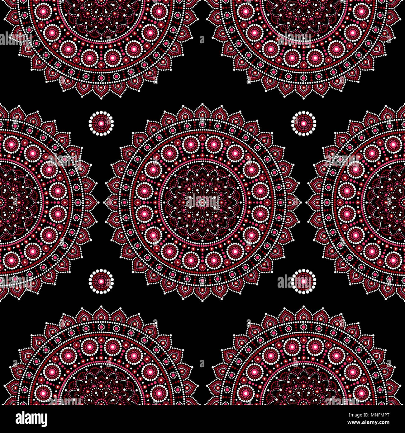 Mandala vettore modello senza giunture, Aborigeni dot design verniciatura, Australian arte popolare stile Boho sfondo ripetitivo. I mandala decorazione in rosa Illustrazione Vettoriale