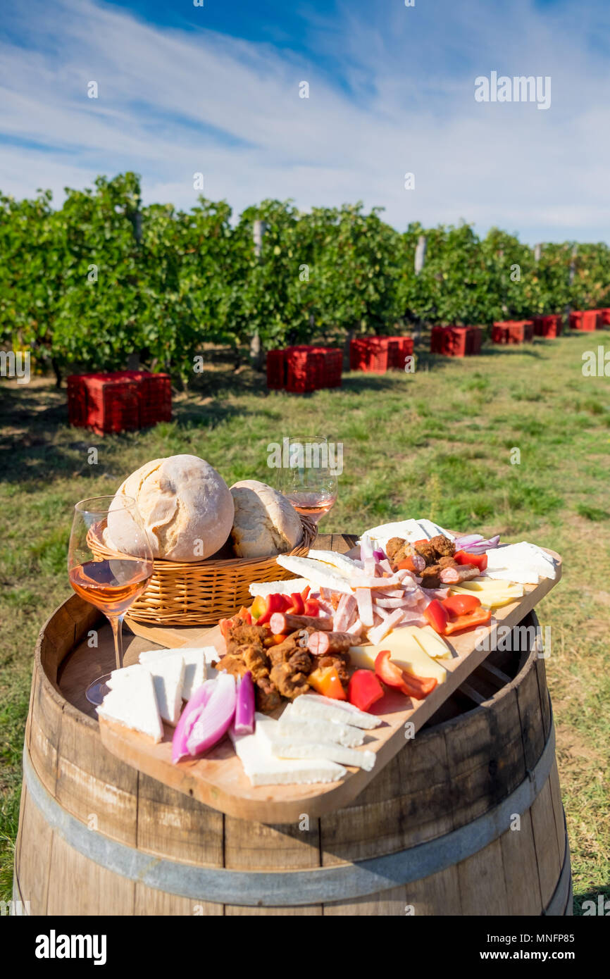 Tradizionale rumena piastra alimentare con vino e vigneti in background. Formaggio, pane, salsicce, cipolle e vino rosso in vetro Foto Stock