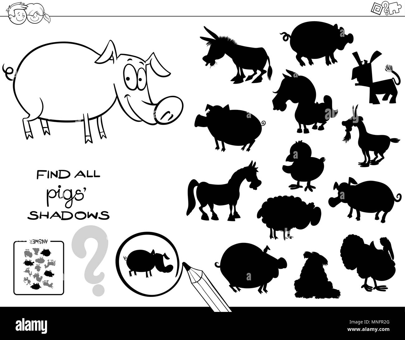 Bianco e Nero Cartoon illustrazione di trovare tutti i suini ombre attività educative per i bambini Libro da colorare Illustrazione Vettoriale