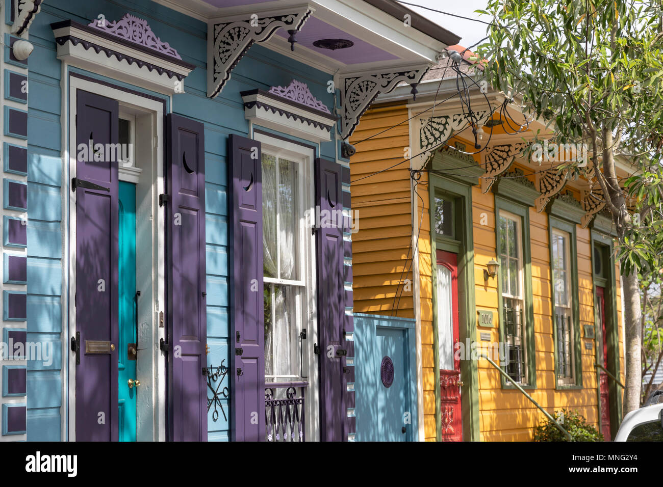 New Orleans, Louisiana - case colorate nel quartiere di Bywater. Foto Stock
