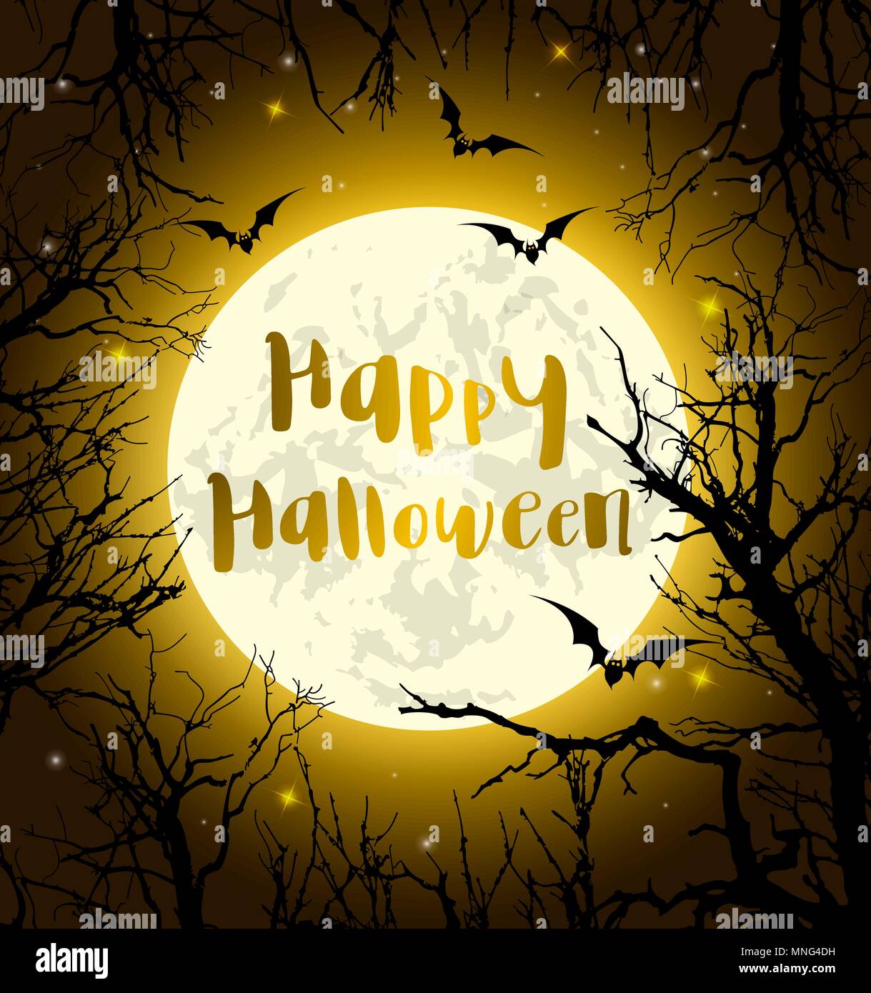 Halloween biglietto di auguri con la luna piena, pipistrelli e albero. Illustrazione Vettoriale Illustrazione Vettoriale