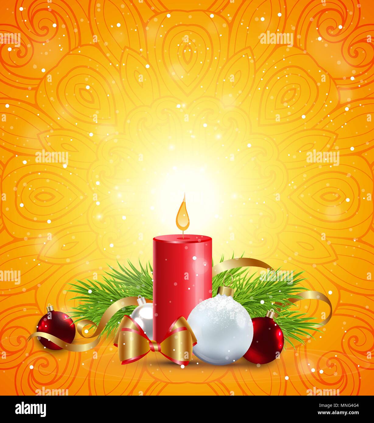 Natale biglietto di auguri con candela rossa, verde ramo di abete bianco e  decorazioni su uno sfondo arancione Immagine e Vettoriale - Alamy