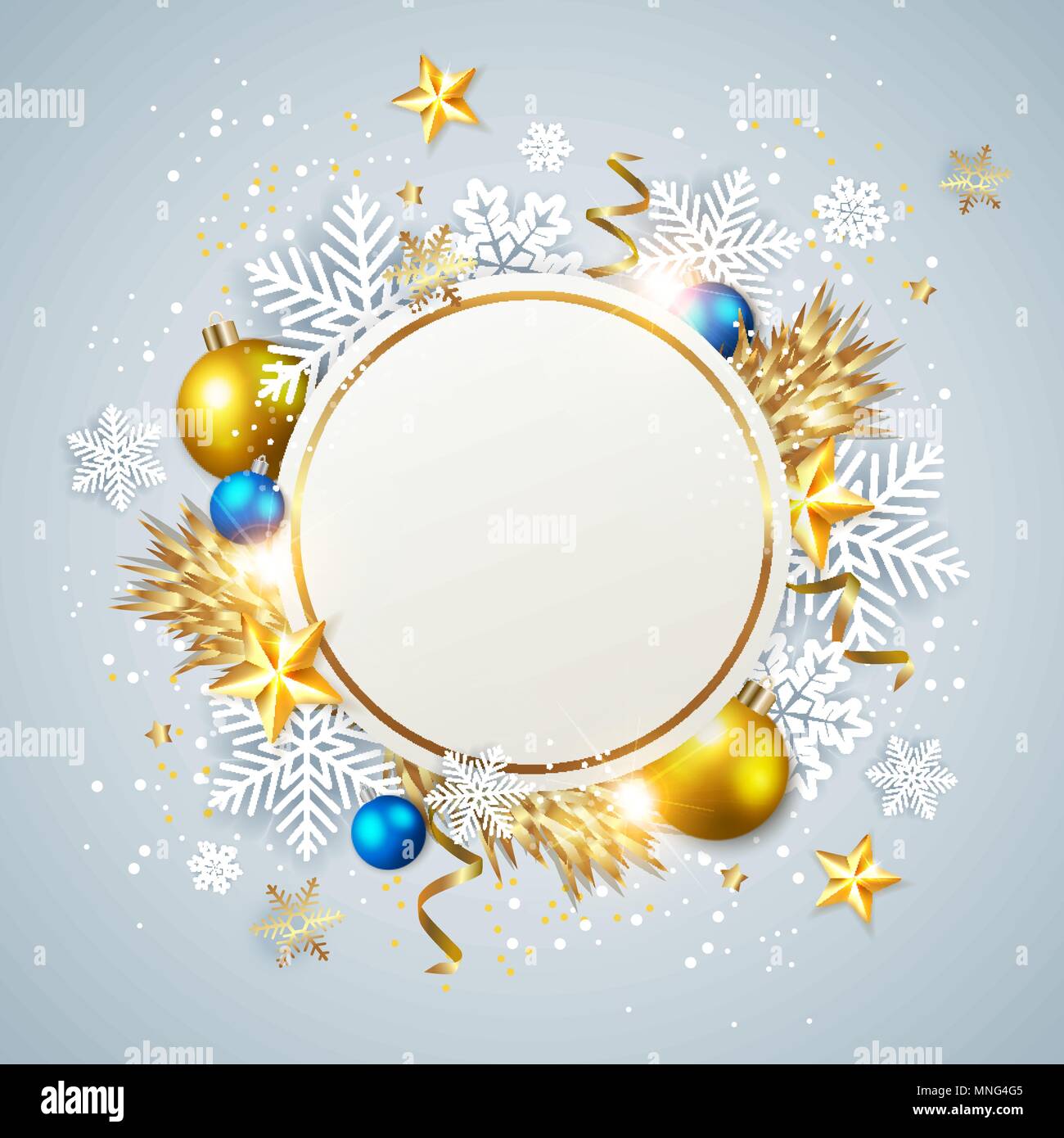 Vettore astratto di Natale della scheda Messaggi di saluto. Fiocchi di neve bianca e decorazioni dorate su sfondo blu. Illustrazione Vettoriale