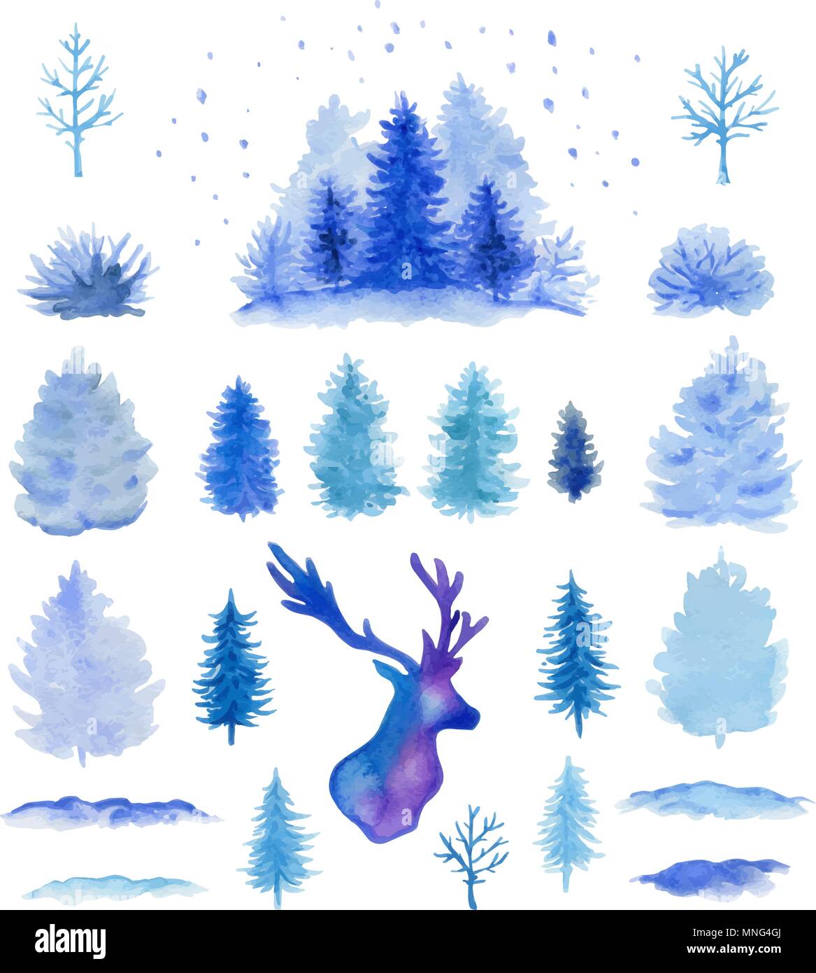 Set di blu disegnati a mano vector acquerello Natale design elementi su uno sfondo bianco. Illustrazione Vettoriale