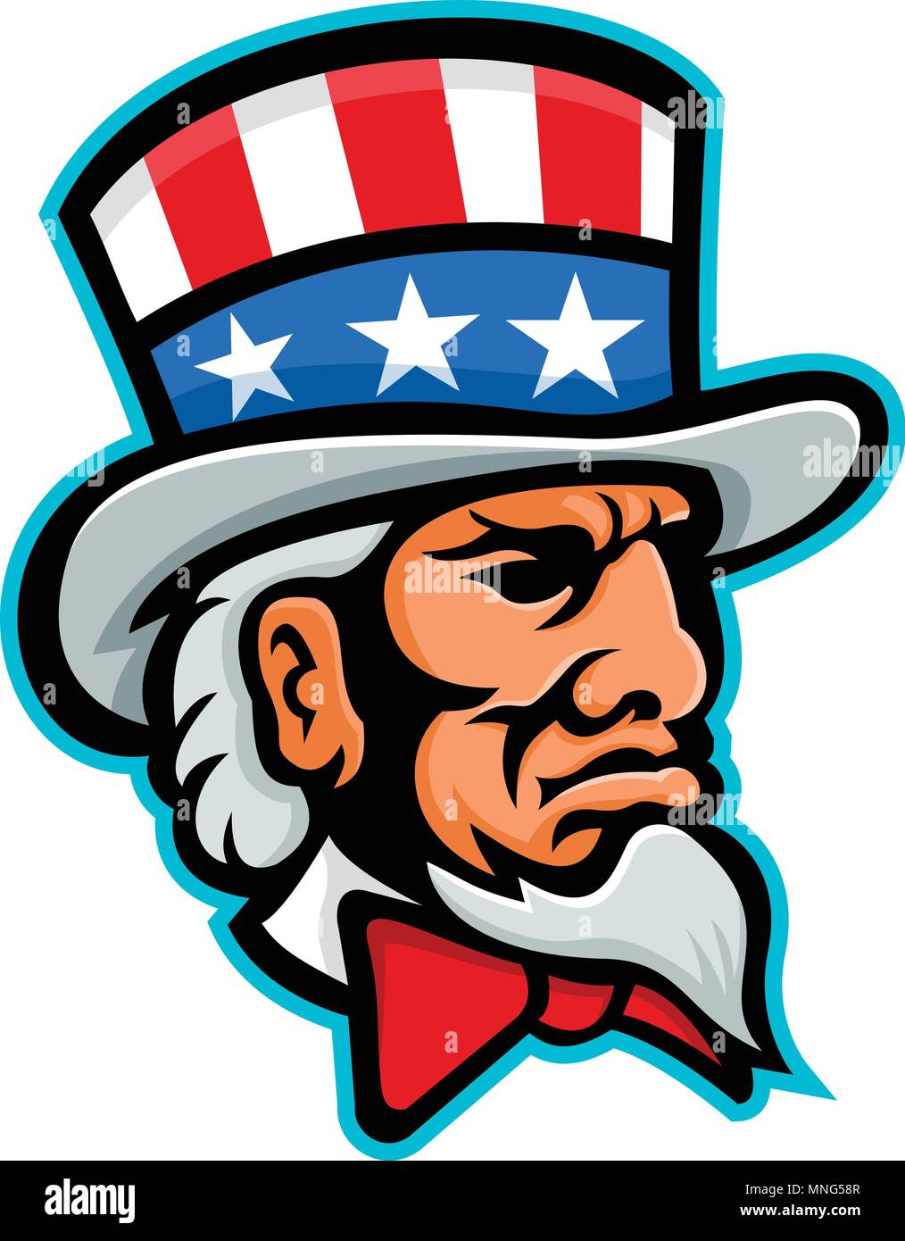 Icona di mascotte illustrazione della testa dello zio Sam, un famoso simbolo del governo americano nella cultura americana e il patriottismo, indossando un cappello a cilindro con USA fl Illustrazione Vettoriale