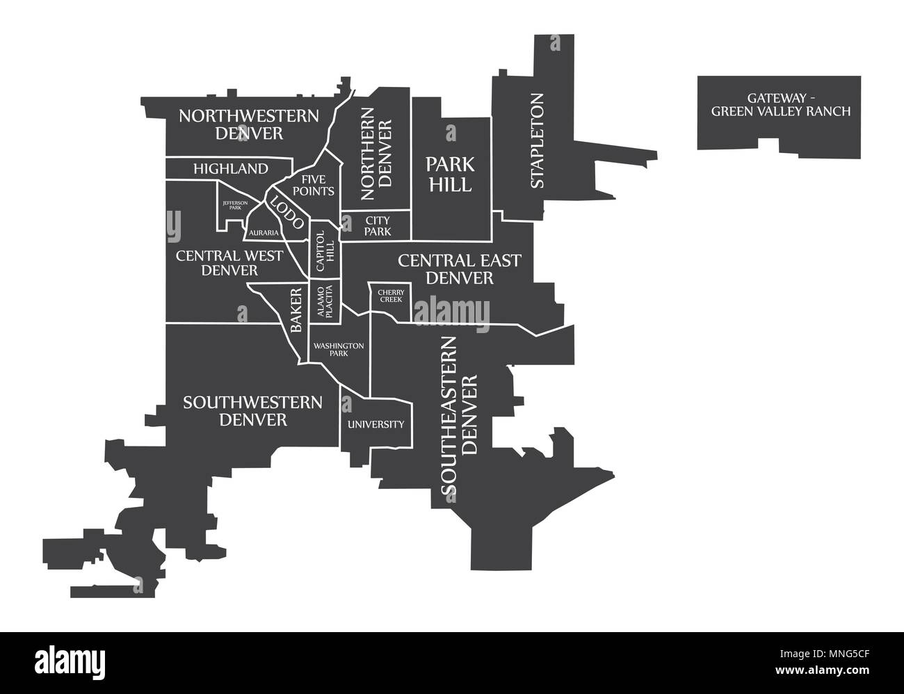 Denver Colorado mappa della città USA etichettati illustrazione nero Illustrazione Vettoriale
