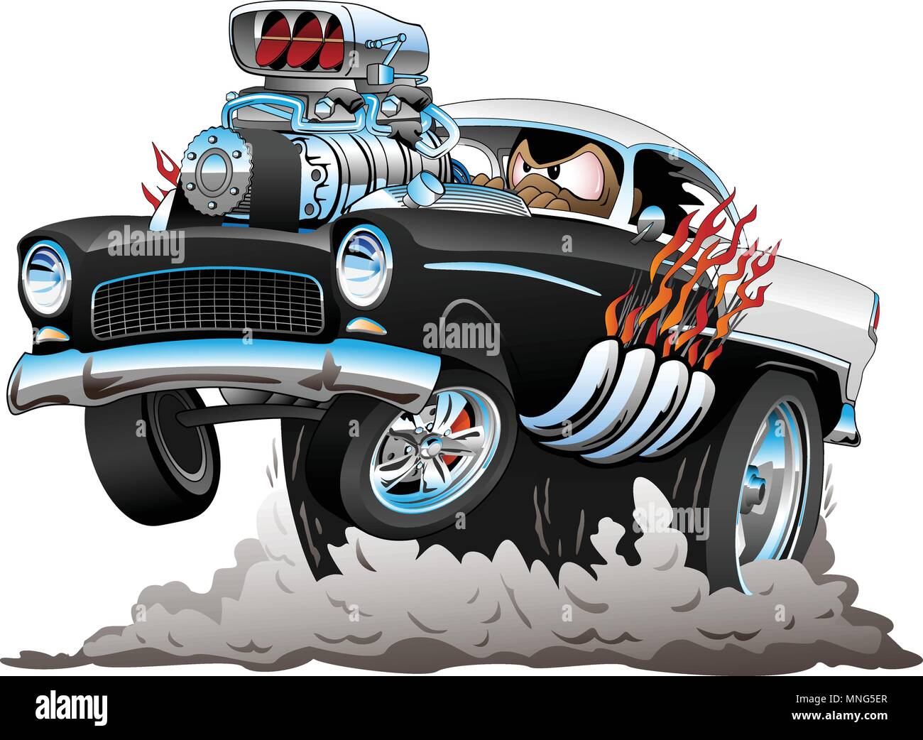 Americano classico stile Anni Cinquanta Hot Rod auto divertente cartone animato con un grande motore, fiamme, fumo pneumatici, spuntano un wheelie, illustrazione vettoriale Illustrazione Vettoriale