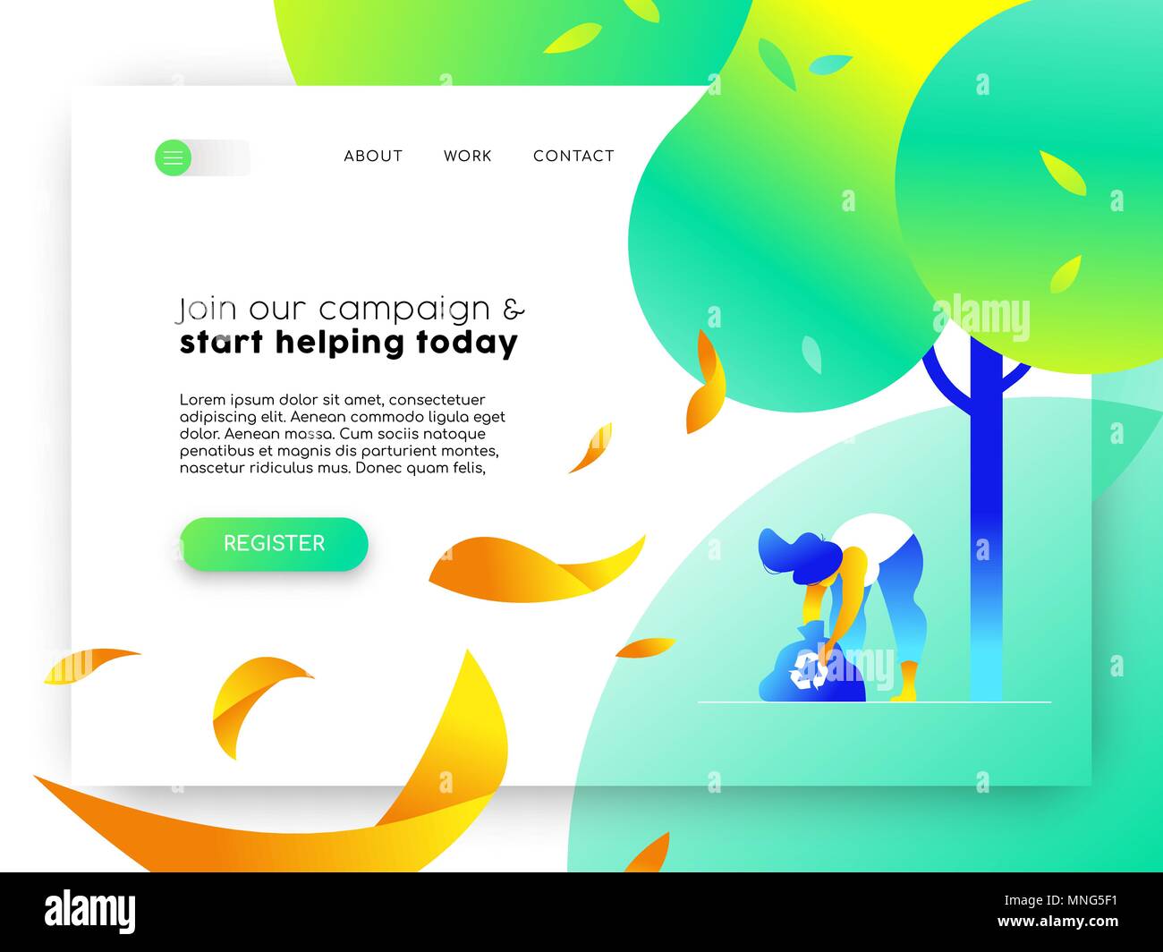 Pagina di destinazione per un ambiente campagna comunitaria. Internet Online modello con illustrazione della ragazza di riciclo. EPS10 vettore. Illustrazione Vettoriale