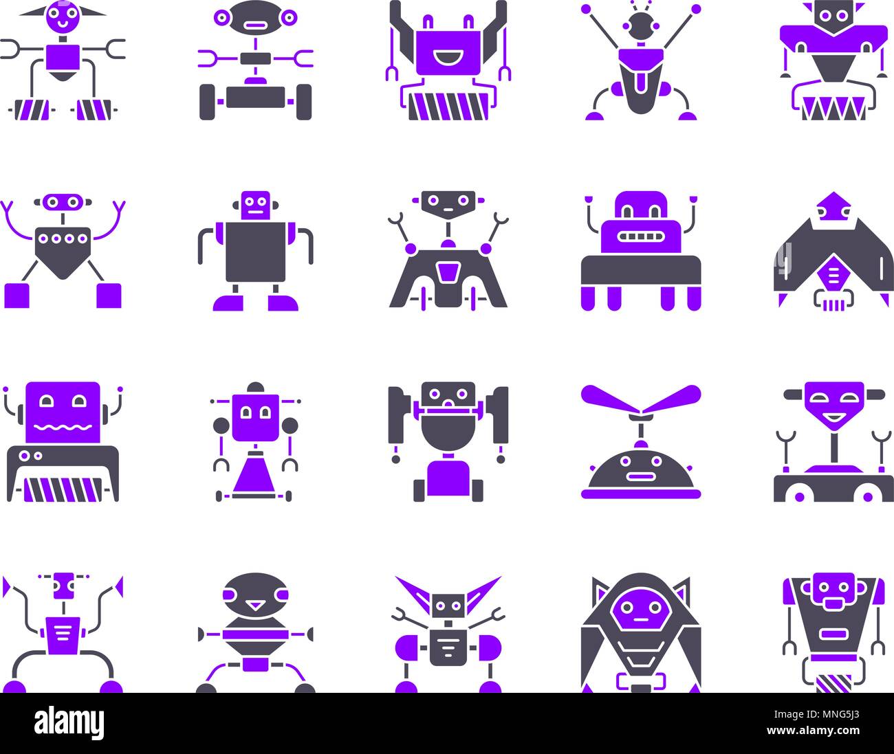 Robot silhouette set di icone. Isolato su bianco web kit di segno del giocattolo. Pittogramma di carattere collezione include trasformatore, cyborg, macchina. Semplici robot Illustrazione Vettoriale