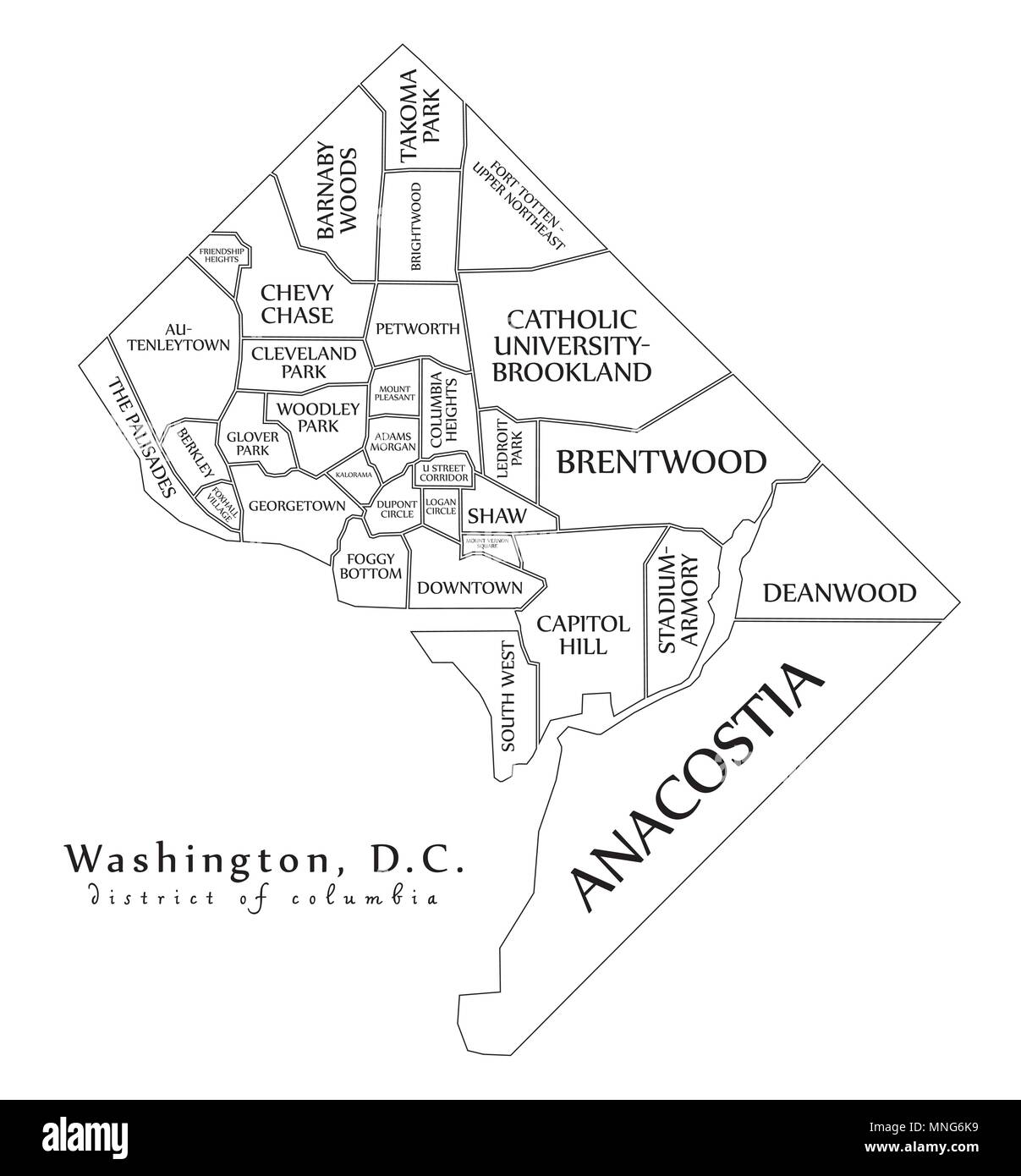 Città moderna mappa - Washington DC città degli Stati Uniti con i quartieri e i titoli mappa di contorno Illustrazione Vettoriale