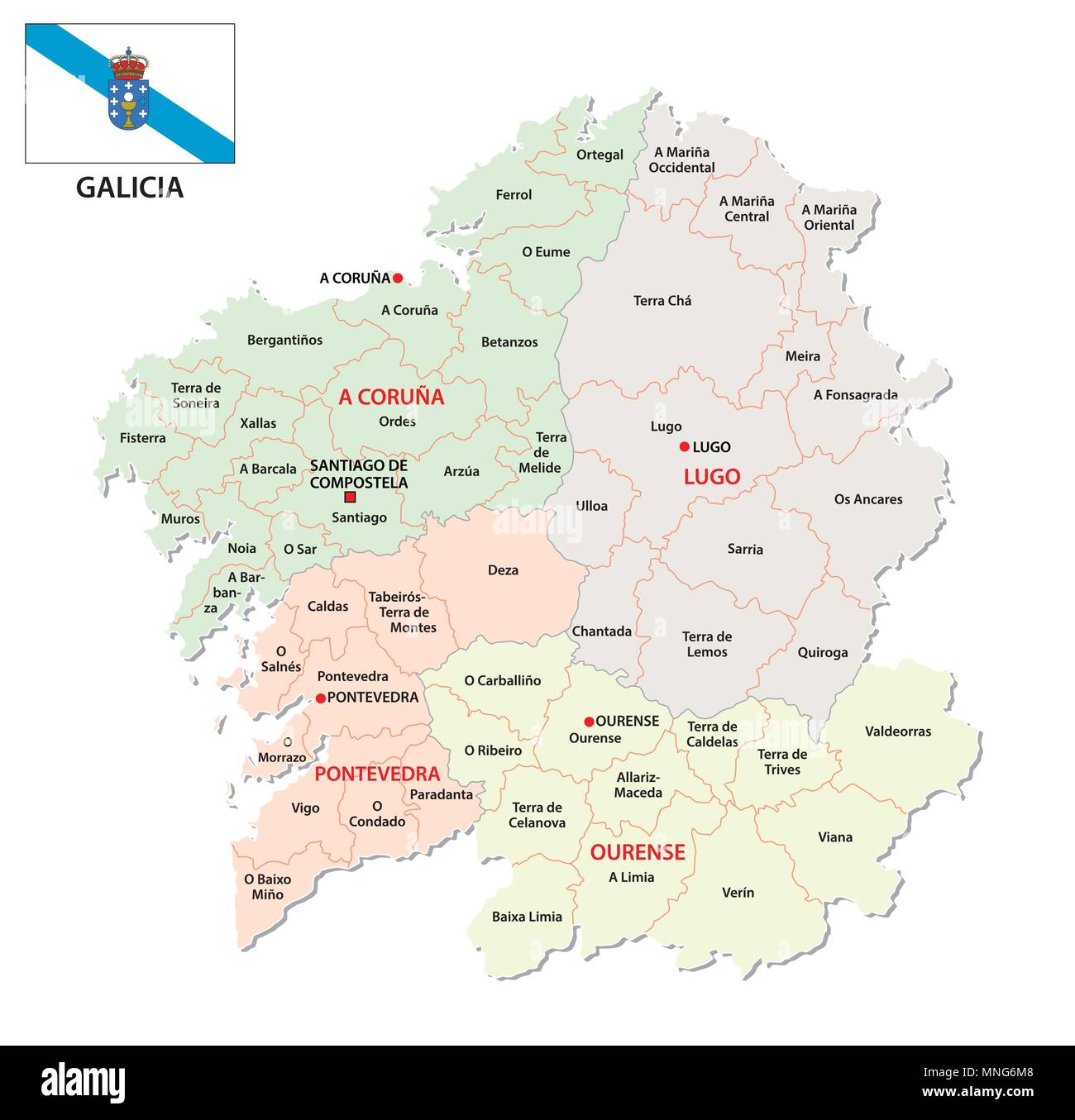 La Galizia politica e amministrativa di mappa vettoriale con bandiera, Spagna Illustrazione Vettoriale