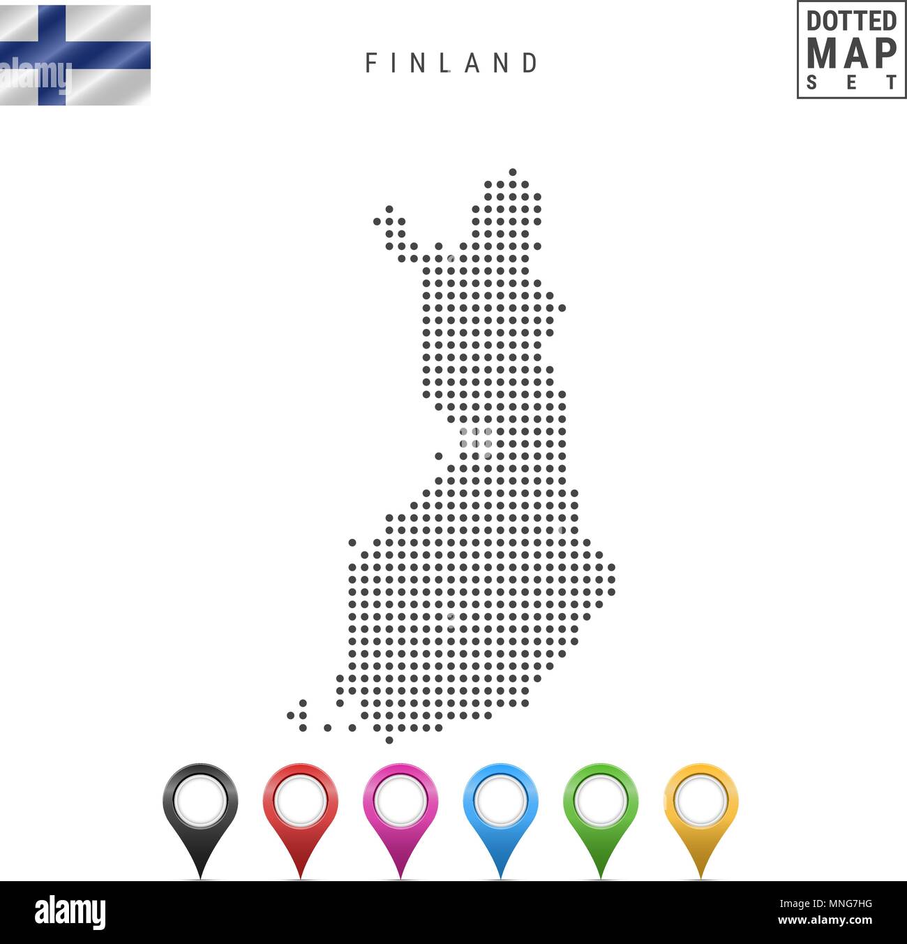 Mappa punteggiata di Finlandia. Semplice Silhouette della Finlandia. La bandiera nazionale della Finlandia. Insieme multicolore i marcatori mappa. Illustrazione di vettore isolato su Wh Illustrazione Vettoriale