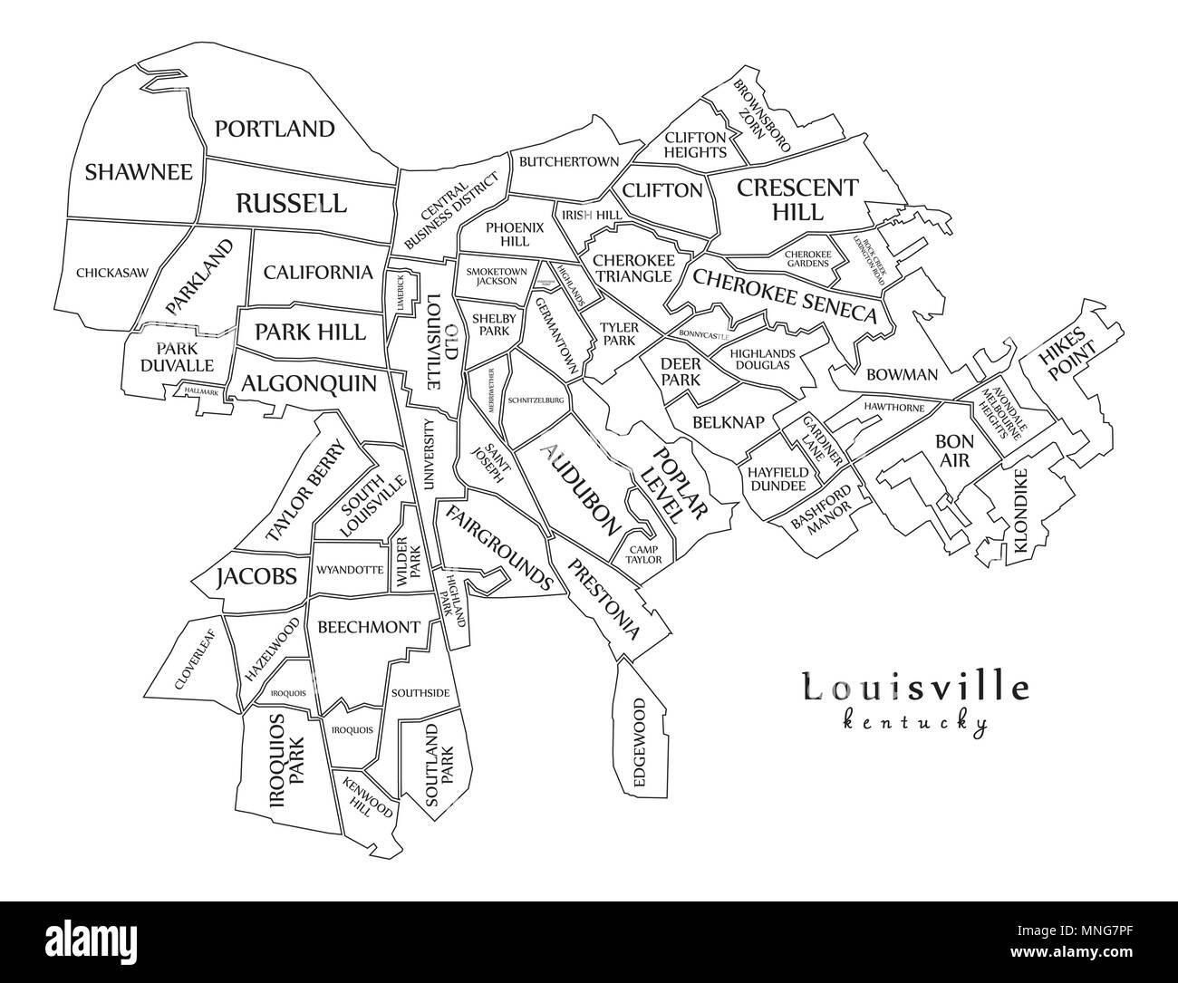 Città moderna mappa - Louisville Kentucky città degli Stati Uniti con i quartieri e i titoli mappa di contorno Illustrazione Vettoriale