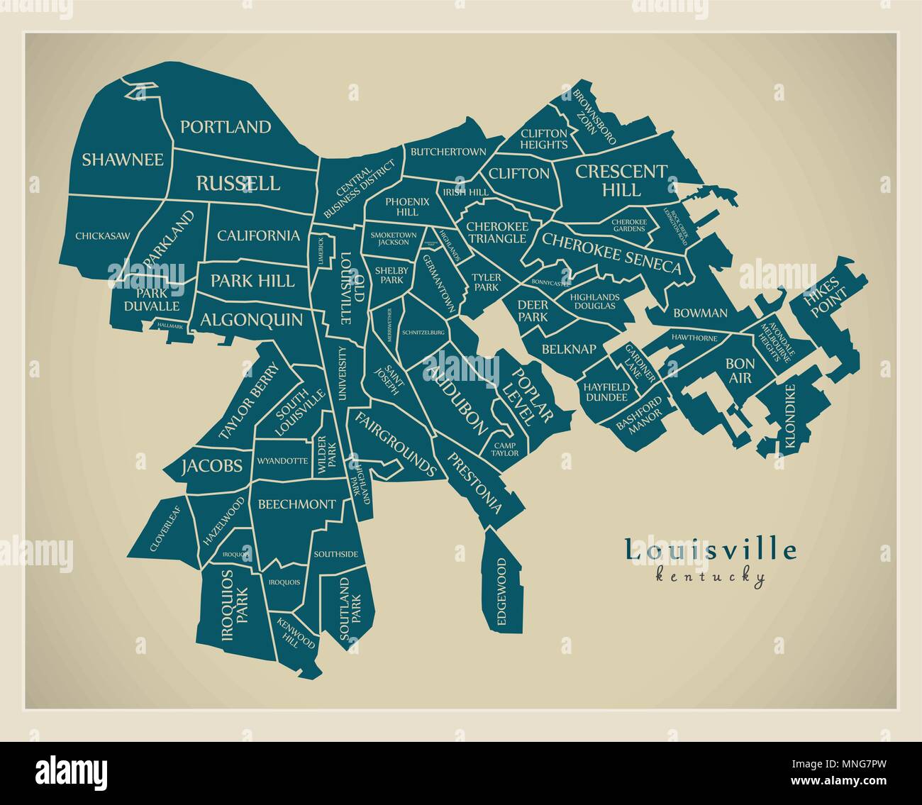 Città moderna mappa - Louisville Kentucky città degli Stati Uniti con i quartieri e titoli Illustrazione Vettoriale