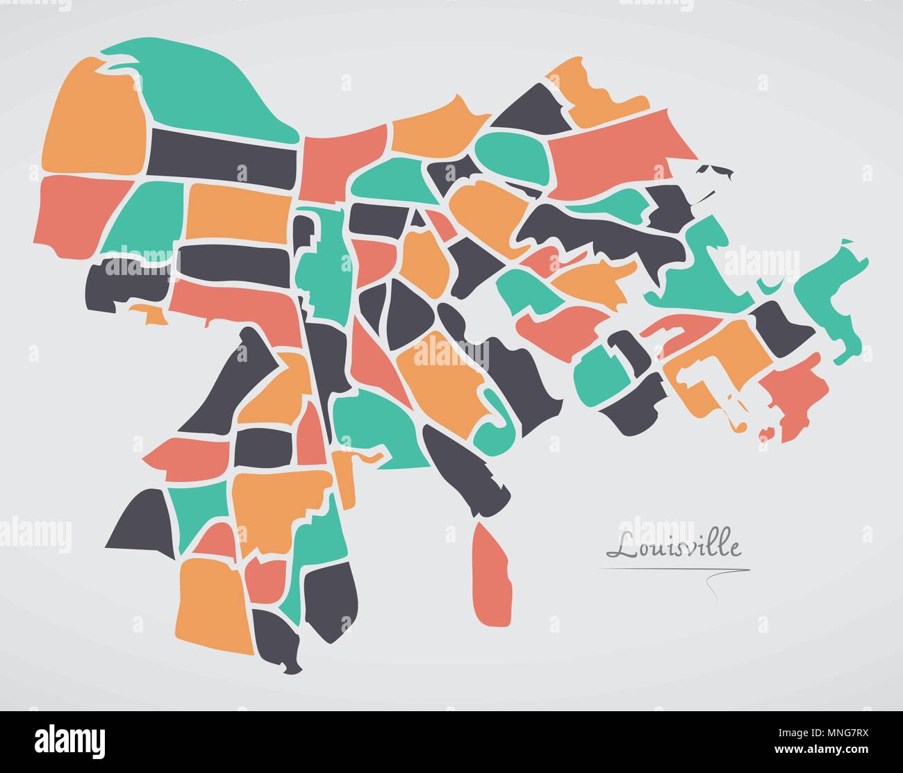 Louisville Kentucky mappa con i quartieri e di moderne forme rotonde Illustrazione Vettoriale