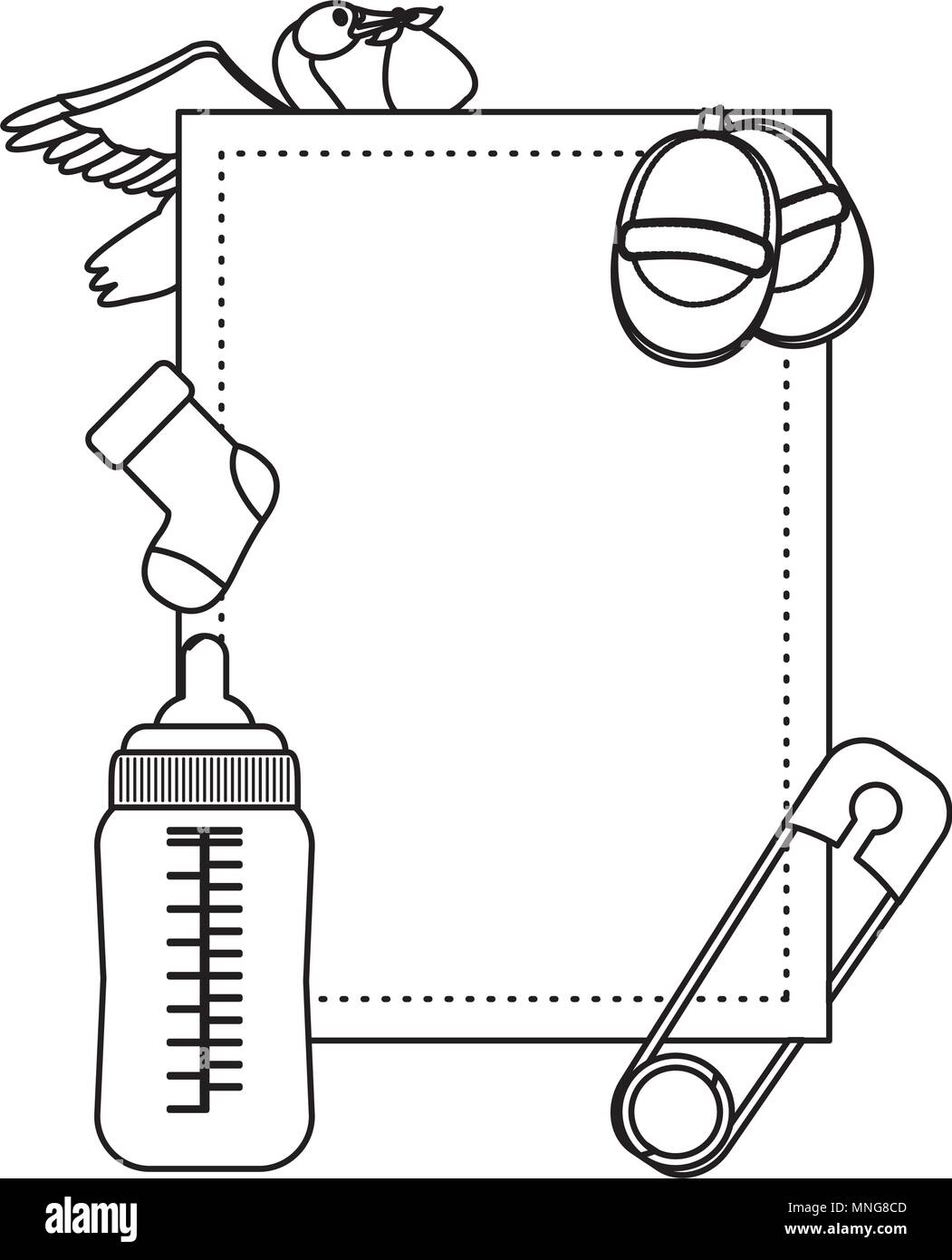 Emblema di linea con cose per il bambino prodotti di generi di prima necessità Illustrazione Vettoriale