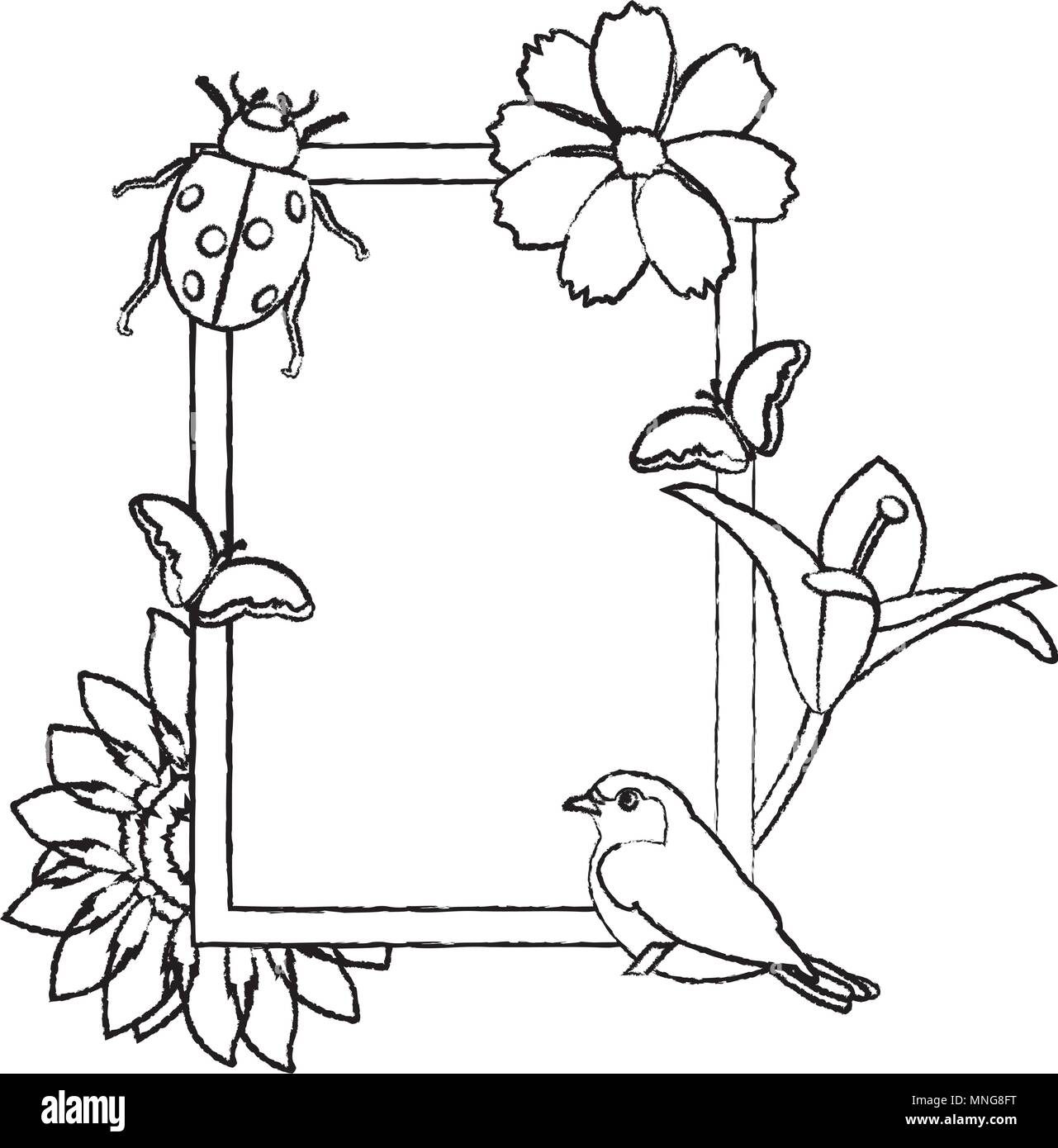 Emblema di grunge design con fiori tropicali e animali Illustrazione Vettoriale
