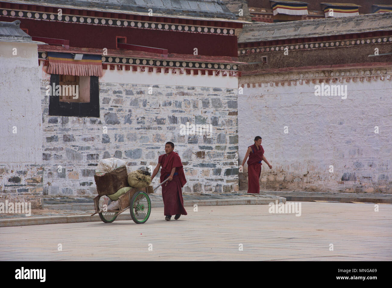 Monaci Gelukpa facendo faccende, Labrang Monastero, Xiahe, Gansu, Cina Foto Stock
