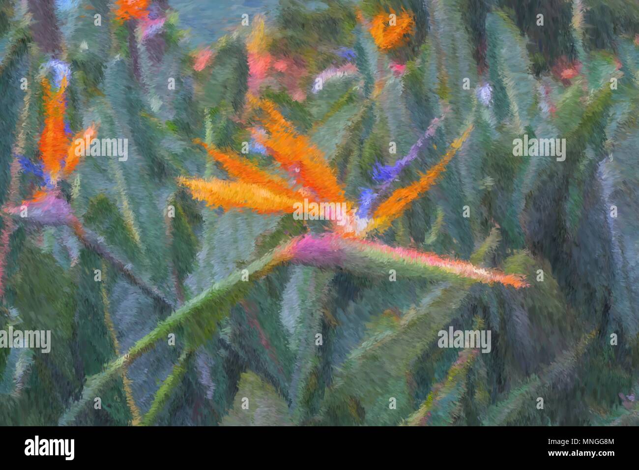 Pittura di olio l'uccello del paradiso fiore o Strelitzia. Stile impressionista. digitale pittura ad olio Foto Stock