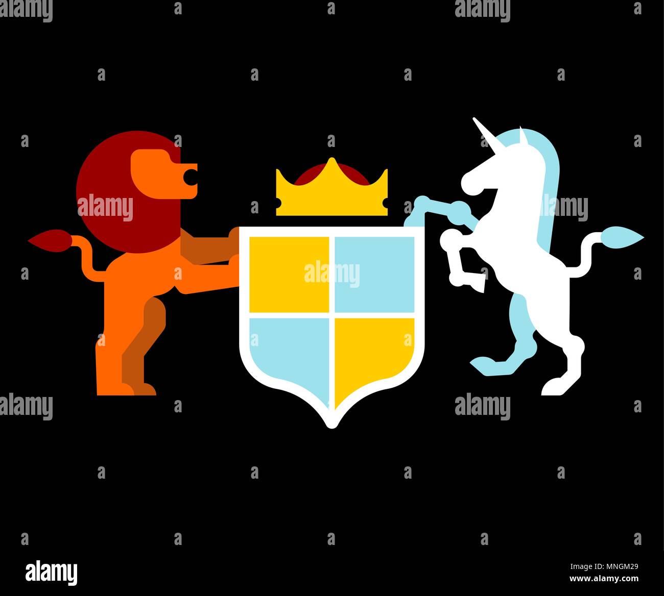 Lion e Unicorn Shield simbolo araldico. Segno animale per stemma. Illustrazione Vettoriale Illustrazione Vettoriale