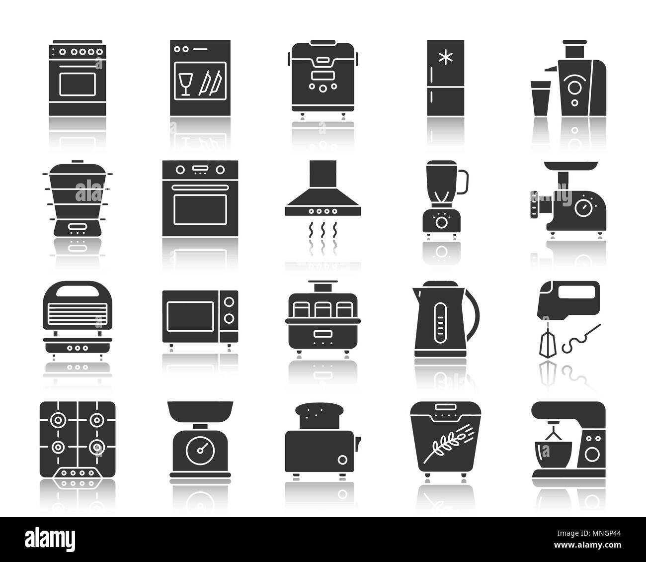 Cucina apparecchio silhouette set di icone. Monocromatico segno web kit di attrezzature. Pittogramma di elettronica collezione include il sistema di cottura a vapore, il trinciapaglia, il gas. Semplice Illustrazione Vettoriale