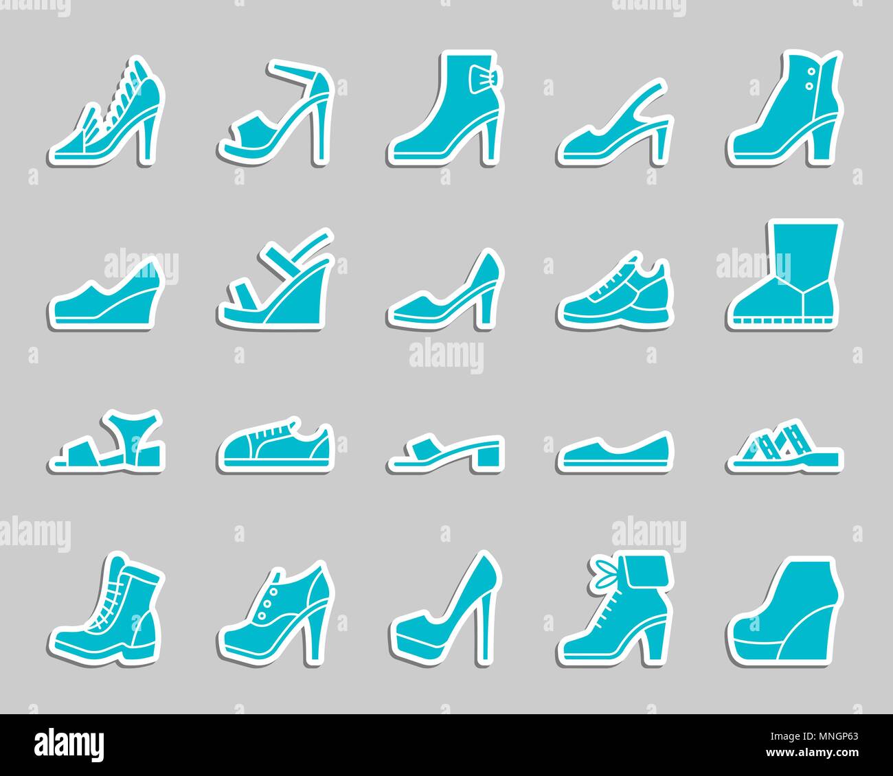 Calzature donna silhouette sticker set di icone. Web kit di segno di calzature. Pittogramma di moda collezione include boot, sandali, muli. Semplice vettore scarpe ic Illustrazione Vettoriale
