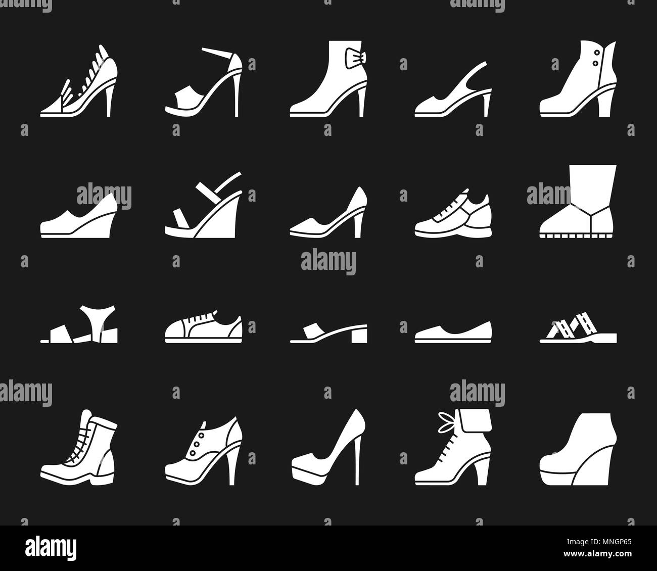 Calzature donna silhouette set di icone. Web kit di segno di calzature. Moda pittogramma monocromatica collezione include boot, pantofole sneakers. Semplice bianco sy Illustrazione Vettoriale