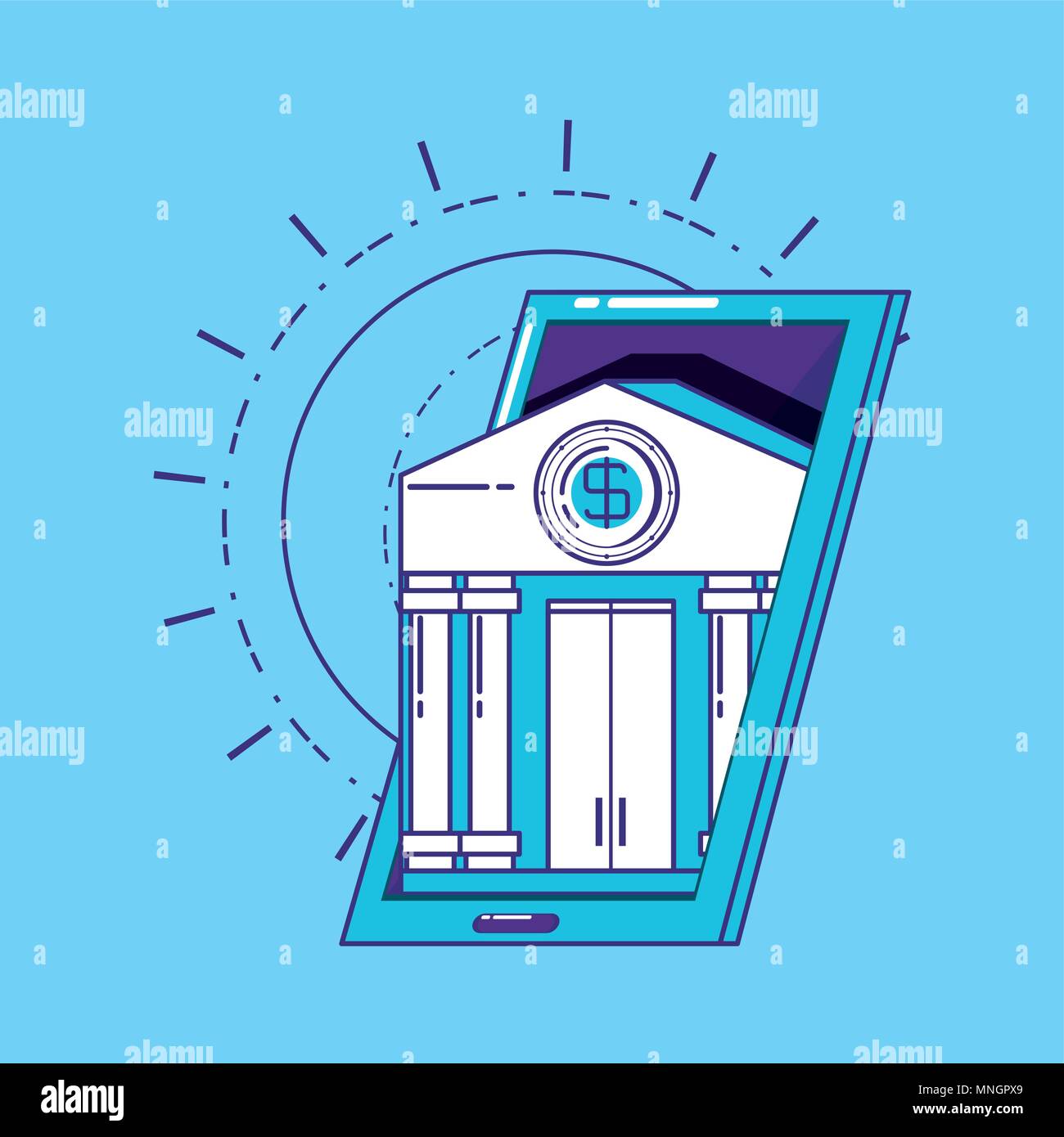 La tecnologia finanziaria concetto con smartphone con bank building su sfondo blu, illustrazione vettoriale Illustrazione Vettoriale