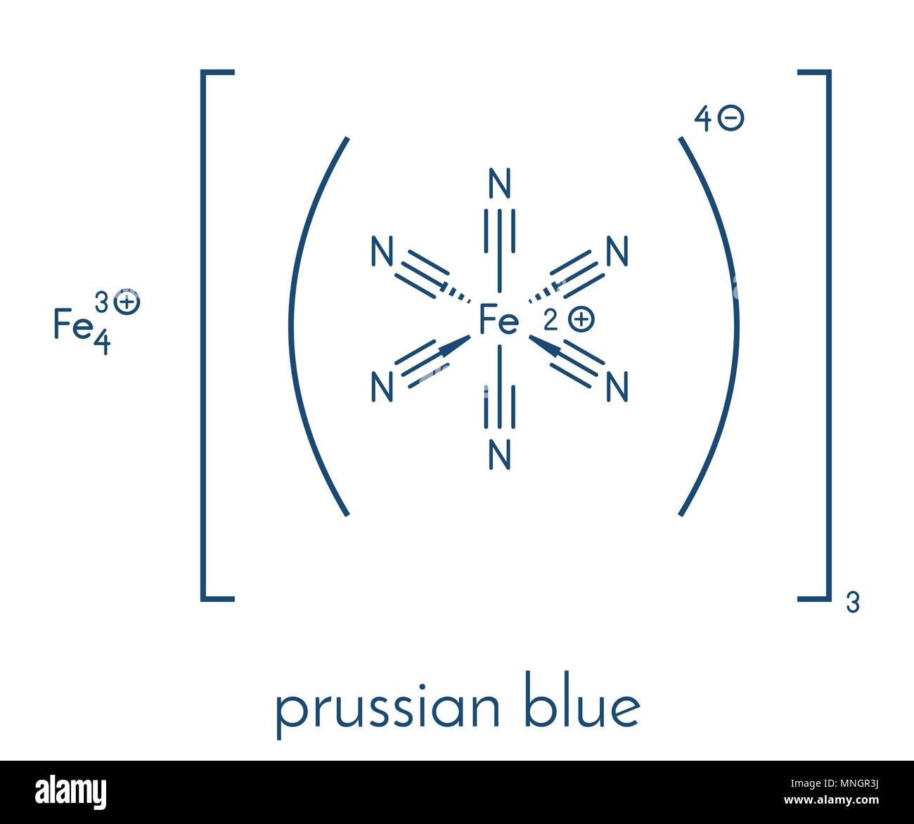 Blu di prussia (potassio hexacyano ferrico-ferrate) struttura molecolare. Utilizzato come pigmento di vernice e come metallo pesante antidoto in medicina. Formul scheletrico Illustrazione Vettoriale