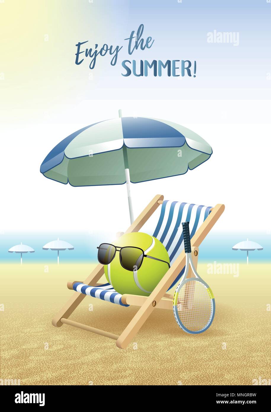 Godetevi l'estate! Scheda di sport. Palla da tennis con occhiali da sole, ombrellone e sedia a sdraio e la racchetta da tennis sulla spiaggia di sabbia. Illustrazione Vettoriale. Illustrazione Vettoriale