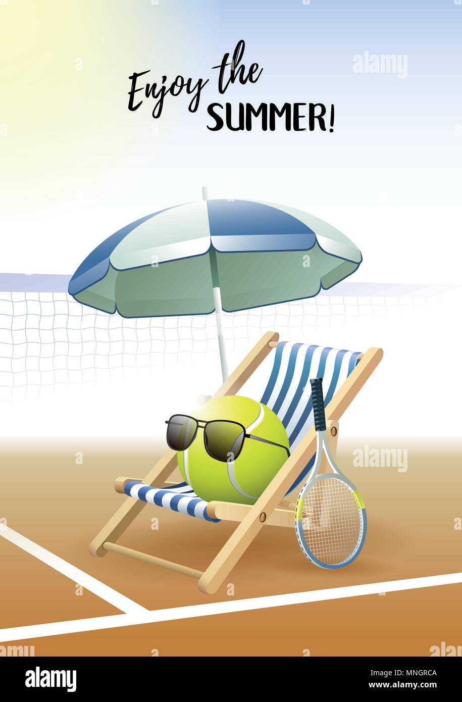 Godetevi l'estate! Scheda di sport. Palla da tennis con occhiali da sole, ombrellone e sedia a sdraio e la racchetta da tennis sul campo da tennis. Illustrazione Vettoriale. Illustrazione Vettoriale