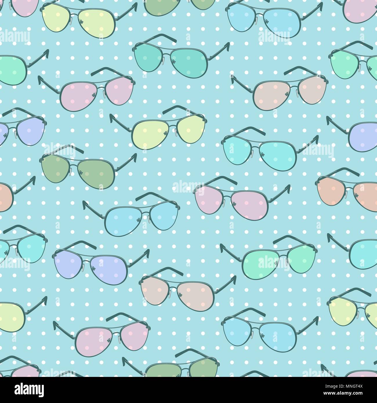 Occhiali da sole colorati seamless pattern, vettore sfondo accessorio. Disegno animato pastello multicolore occhiali su sfondo blu con pois, vintage retrò illustrazione. Per disegno di tessuto Illustrazione Vettoriale