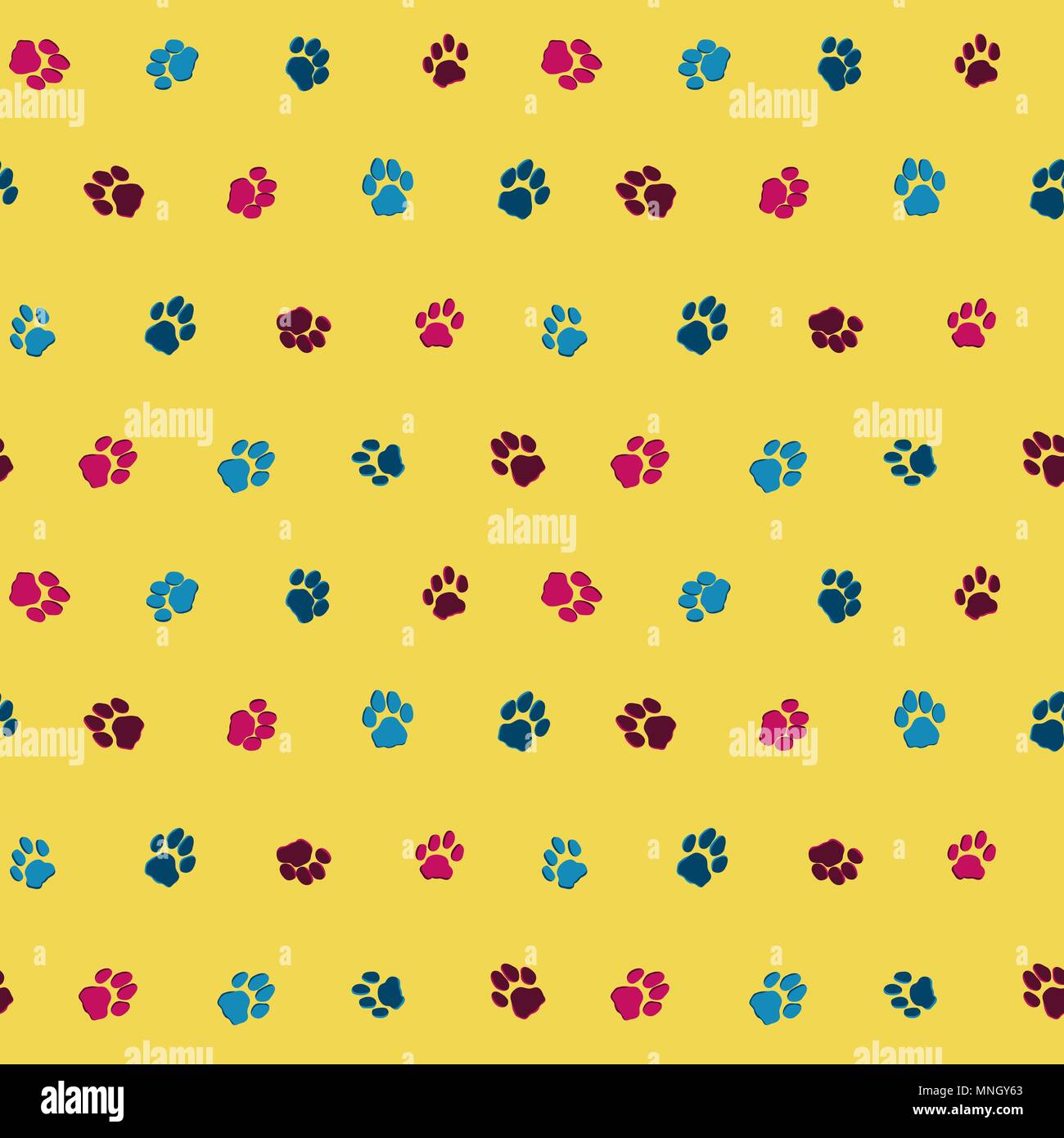 Funny seamless pattern con gatti di footprint su sfondo giallo per i bambini. Illustrazione Vettoriale